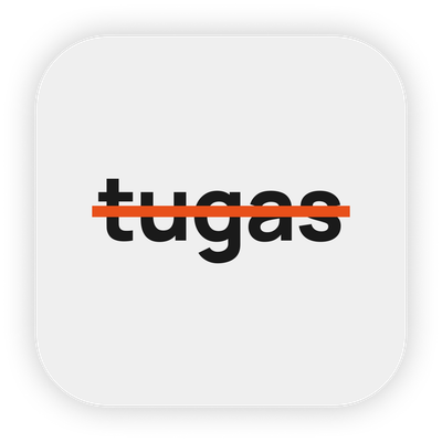 The TUGAS app icon: the wordmark ‘tugas’ with a strike through it.